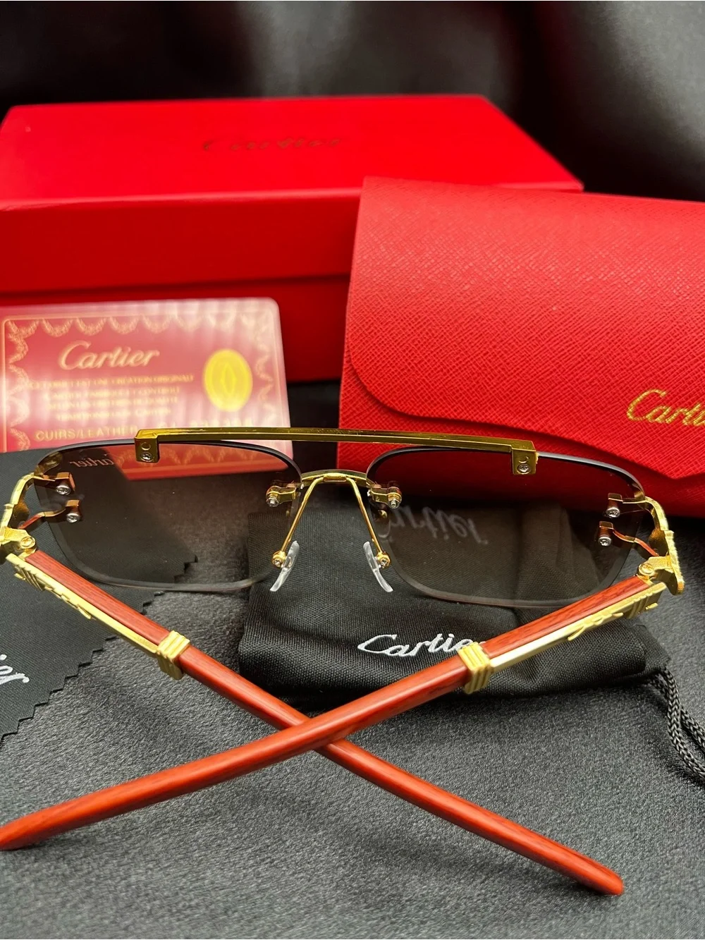 Cartier Men’s Rimless Sunglasses in Brown and Gold with Gray Lenses